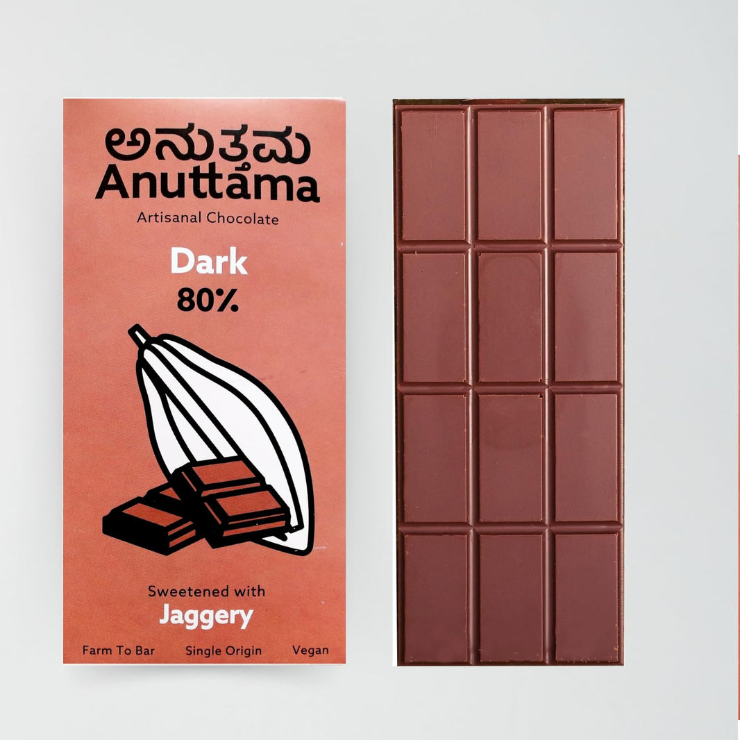 Dark Chocolate Bar | 80% Cocoa | Natural Jaggery Sweetened | Handmade Chocolate | Dark Chocolate Sugar Free | No Artificial Flavours and Colors | Natural Chocolate Bar | Packof 2 by Anuttama