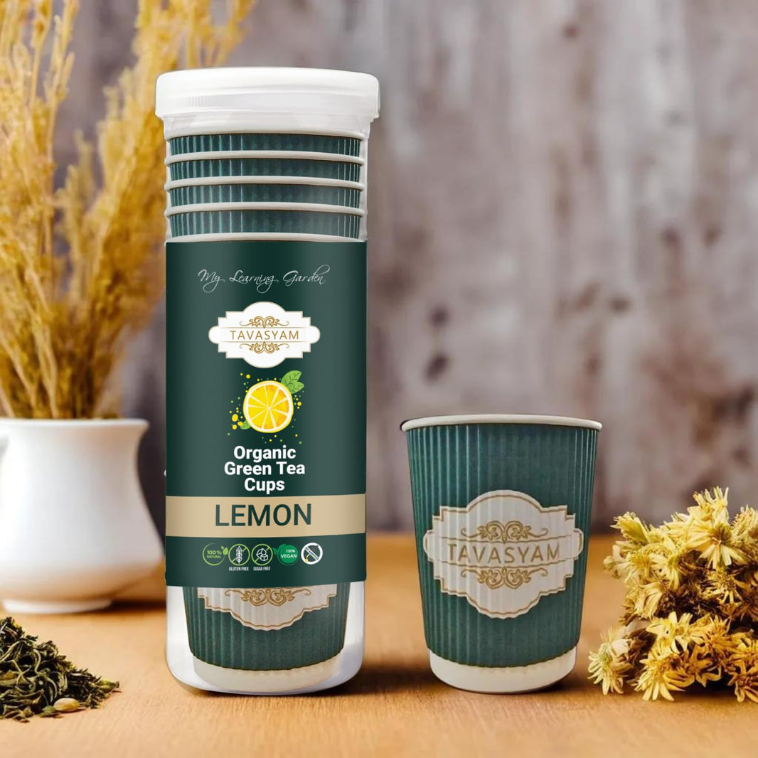 TAVASYAM Ready to Sip Lemon Flavour Green Tea Cup | Green Tea for Weight Loss | Vegan, Gluten Free & Sugar Free | Lemon Flavour | Whole Leaf Teas | Pre-Filled Tea Cups 200ml | Tea Cups Set of 12