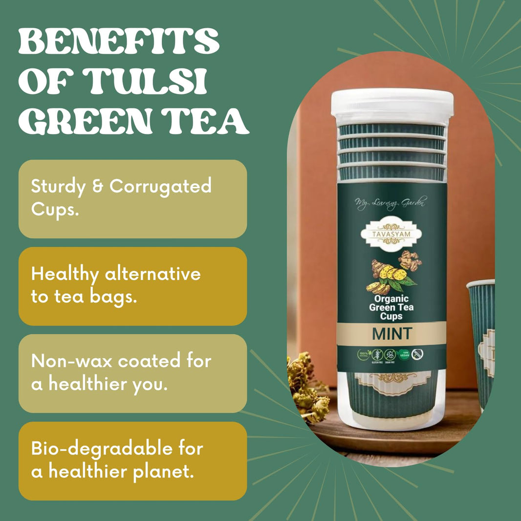 TAVASYAM Ready to Sip Mint Flavour Green Tea Cup | Green Tea for Weight Loss | Vegan, Gluten Free & Sugar Free | | Mint Flavour | Whole Leaf Teas | Pre-Filled Tea Cups 200ml | Tea Cups Set of 12