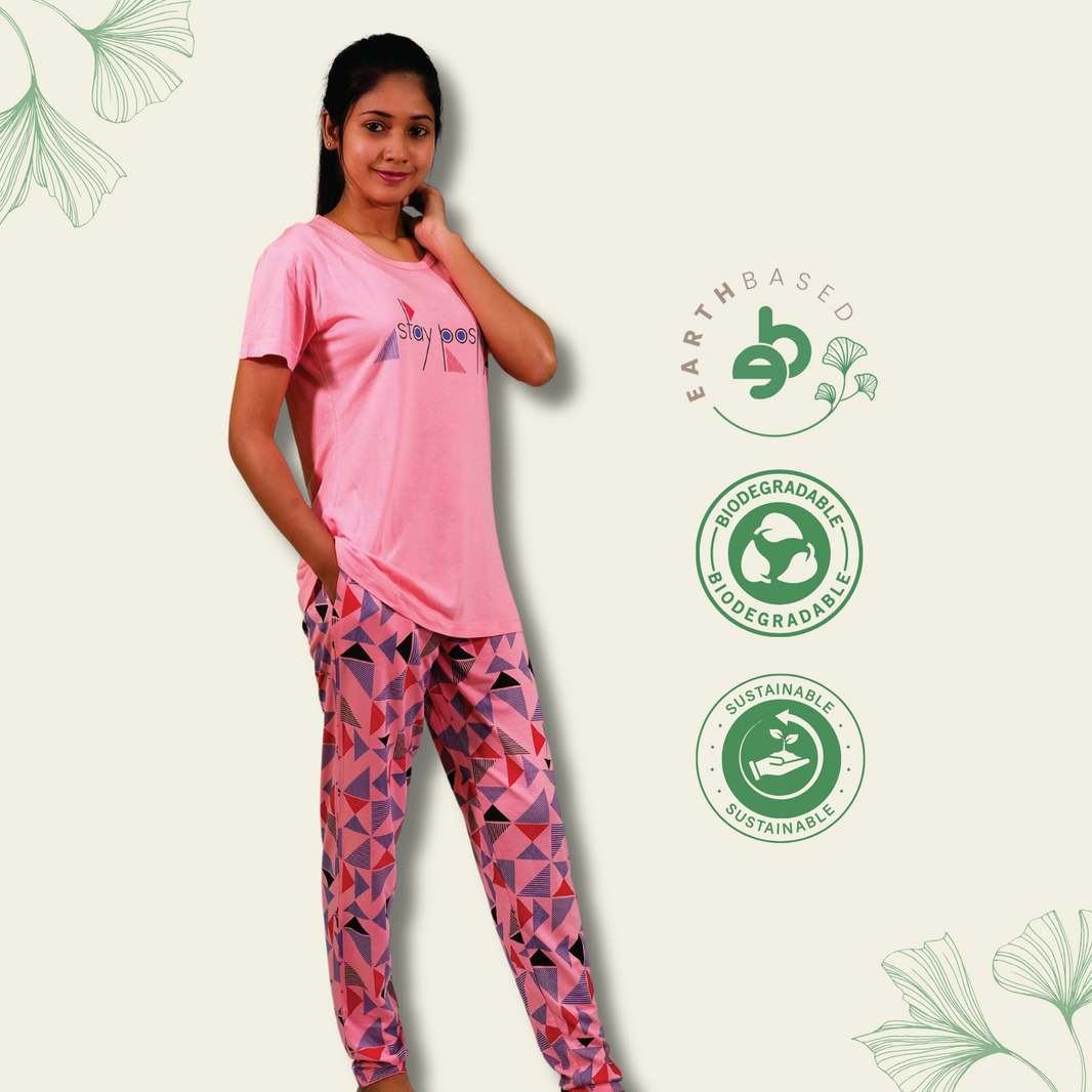 Stay Positive T-shirt & Pant Night Dress in Salmon Rose | Playout