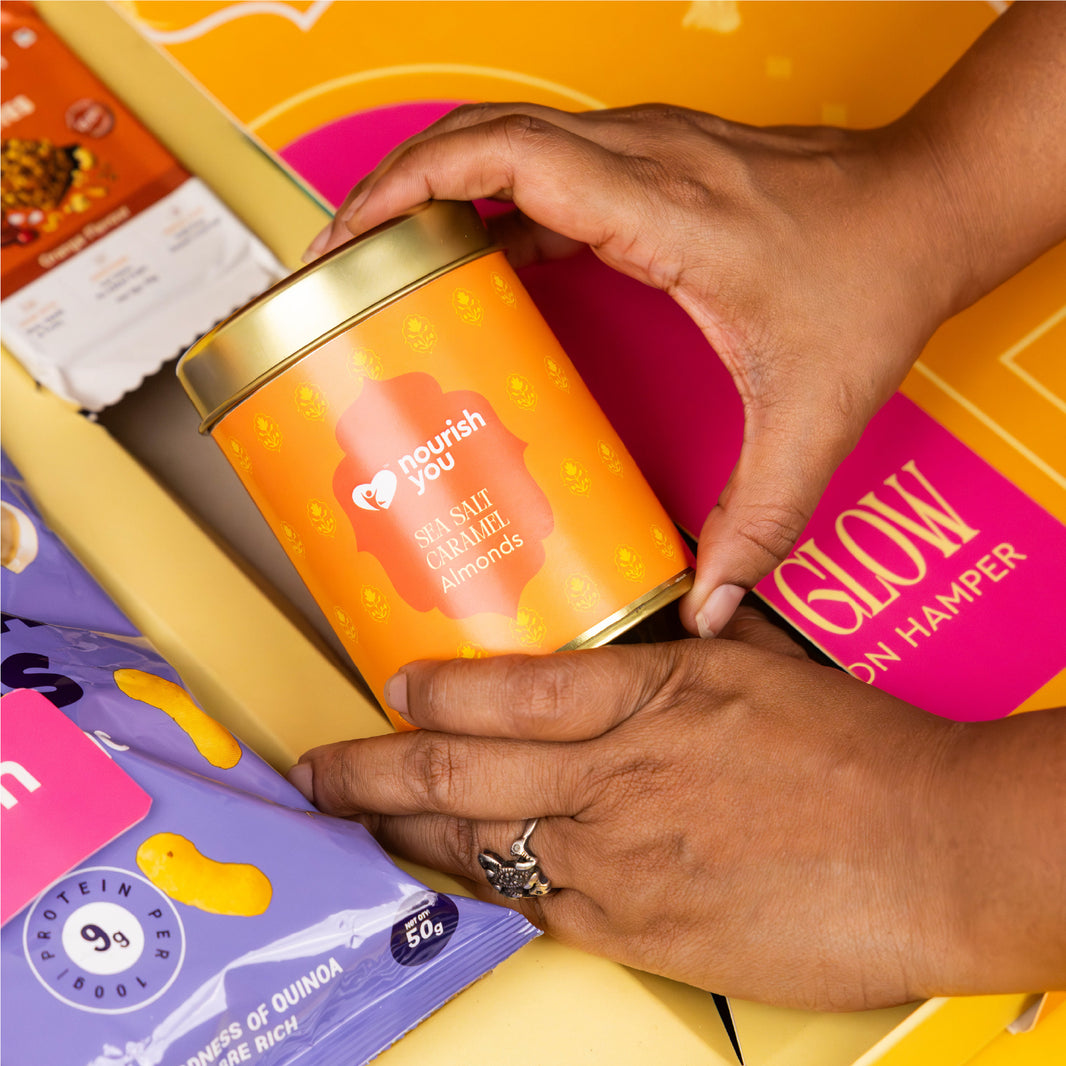 Nourish You Topaz Glow Celebration Diwali Dry fruits gift Hamper | 5-in-1 Super Seed Mix (200g) | 2 Dates Bites-25g each | Quinoa Puff (25g)|Sea Salt Caramel Almonds (100g)| Perfect for Diwali Gifting,Special Occasions
