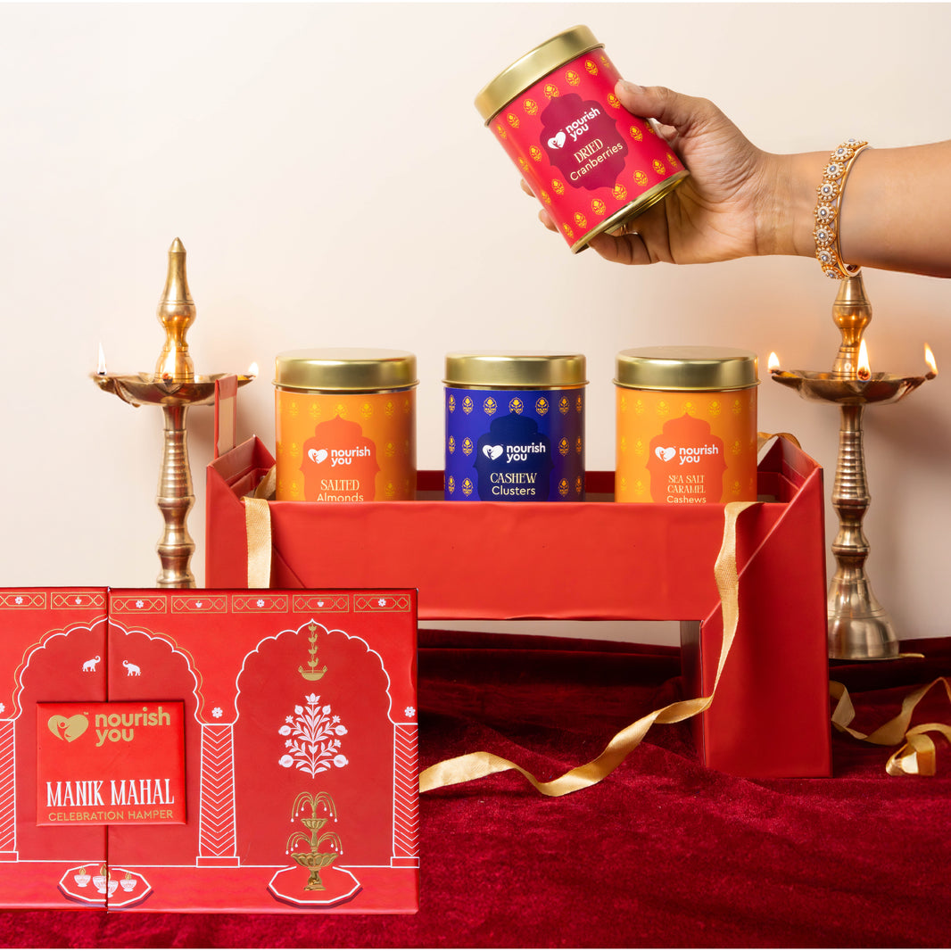 Noor by Nourish You – Manik Mahal | Premium Diwali Dry fruits gift Hamper | Salted Almonds, Sea Salt Caramel Cashews, Cranberries & Roasted Cashew Clusters | Classy Festive Gift Box | Preservative-Free