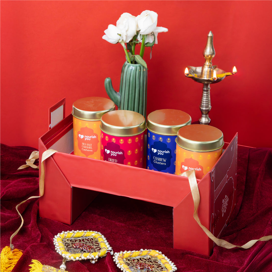 Noor by Nourish You – Manik Mahal | Premium Diwali Dry fruits gift Hamper | Salted Almonds, Sea Salt Caramel Cashews, Cranberries & Roasted Cashew Clusters | Classy Festive Gift Box | Preservative-Free