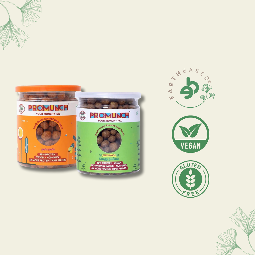 PROMUNCH Roasted Soya Snack | Vegan |Gluten-FreePack of 2 Flavour: Tangy Pudina And Peri-Peri150g