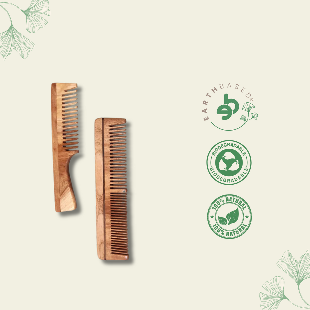 Green Foot Print Neem Wood Combs-Handle and Dual teeth (pack of 2)