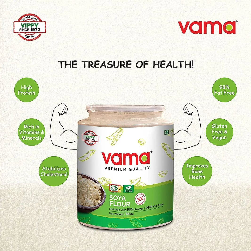 Vama SOYA Flour | 98% Fat-Free | Vegan | Gluten-Free | Pack of 2 500 g Each | Healthy Products