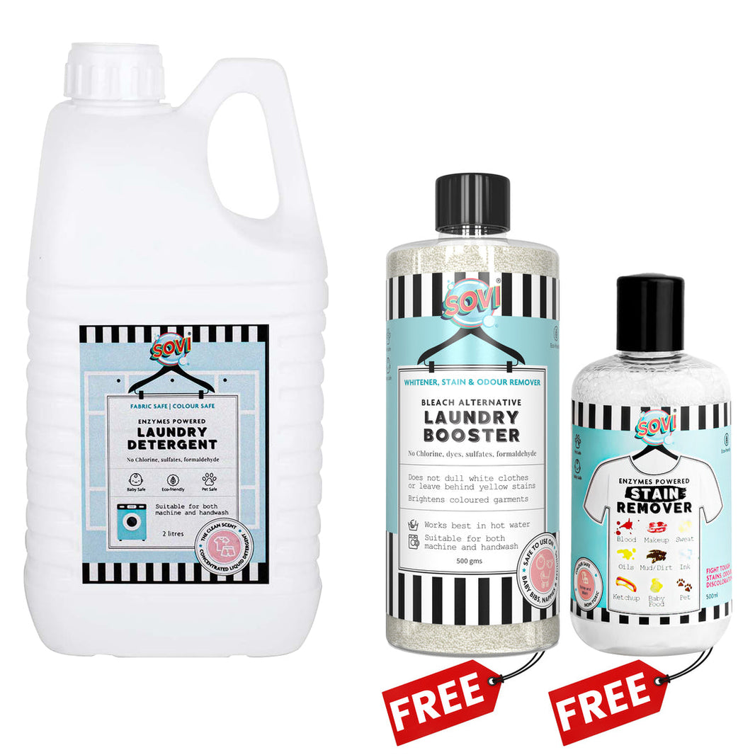 The Clean Laundry Edition, Super Saver - SOVI® Laundry Liquid Detergent 2 Liters | GET FREE: SOVI® Laundry Booster 500 gms (₹299) and SOVI® Stain Remover 275 ml (₹199), Pack of 3