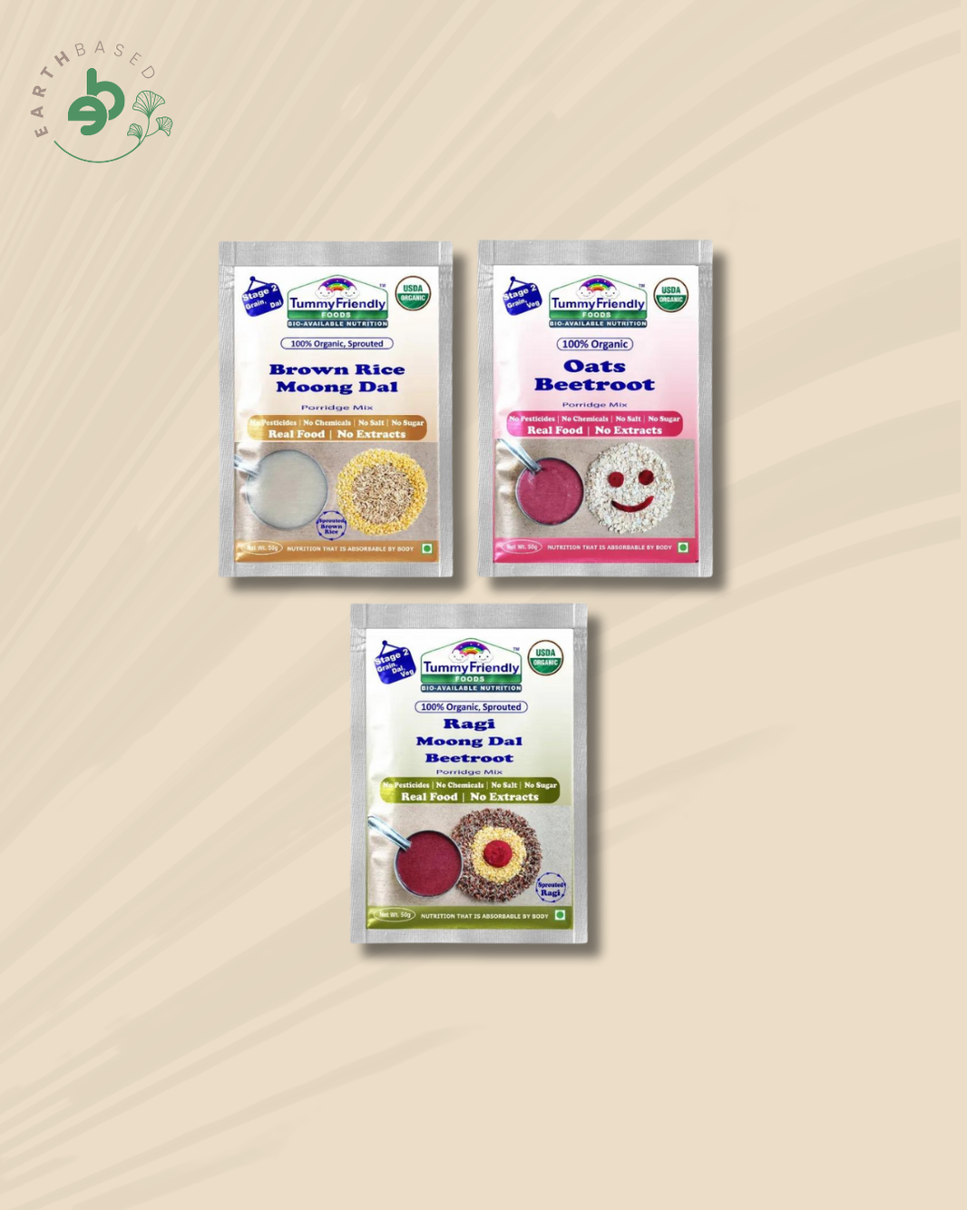 TummyFriendly Foods Certified Organic Stage1 Sprouted Porridge Mixes Trial Packs Sprouted Ragi, Sprouted Brown Rice and Oats | 50g Each, Cereal (150 g, Pack of 3)