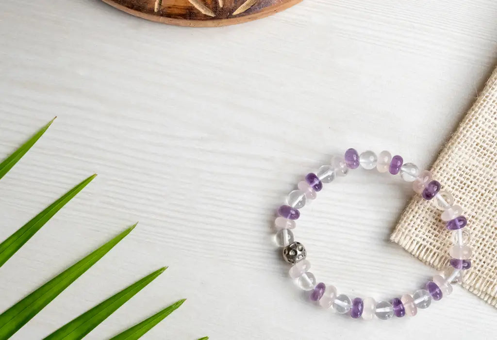 AMETHYST, ROSE QUARTZ AND CLEAR QUARTZ BRACELET FOR STRENGTH, LOVE AND FULFILLING RELATIONSHIP