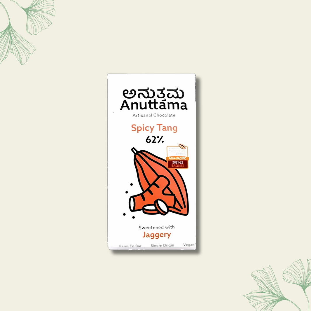 ANUTTAMA | Dark Chocolate 62% Cocoa | Spicy Tang Bar | Gluten Free | Natural Chocolate | Sugar Free | Jaggery Sweetened | Dried Ginger & Pepper | Handmade Chocolates Bar