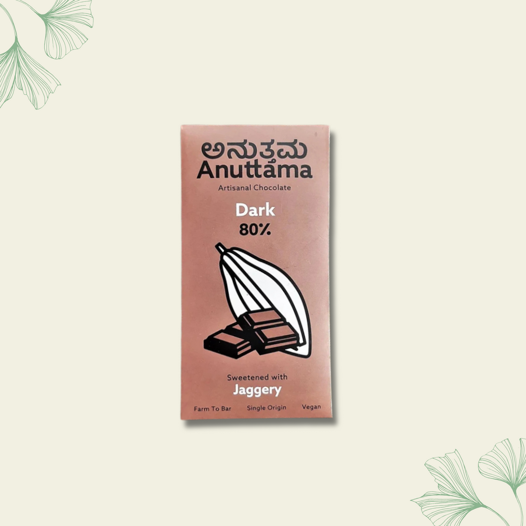 Dark Chocolate Bar | 80% Cocoa | Natural Jaggery Sweetened | Handmade Chocolate | Dark Chocolate Sugar Free | No Artificial Flavours and Colors | Natural Chocolate Bar | by Anuttama