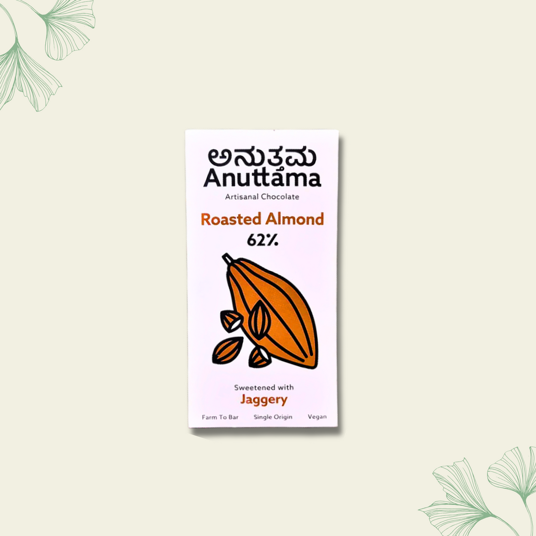 Anuttama | Roasted Almond Chocolate | 62% Cocoa , Gifts Box, Vegan Chocolate, Gift Hamper, Sugar Free, No Artificial Flavours, Lectin Free, Natural Chocolate Bar