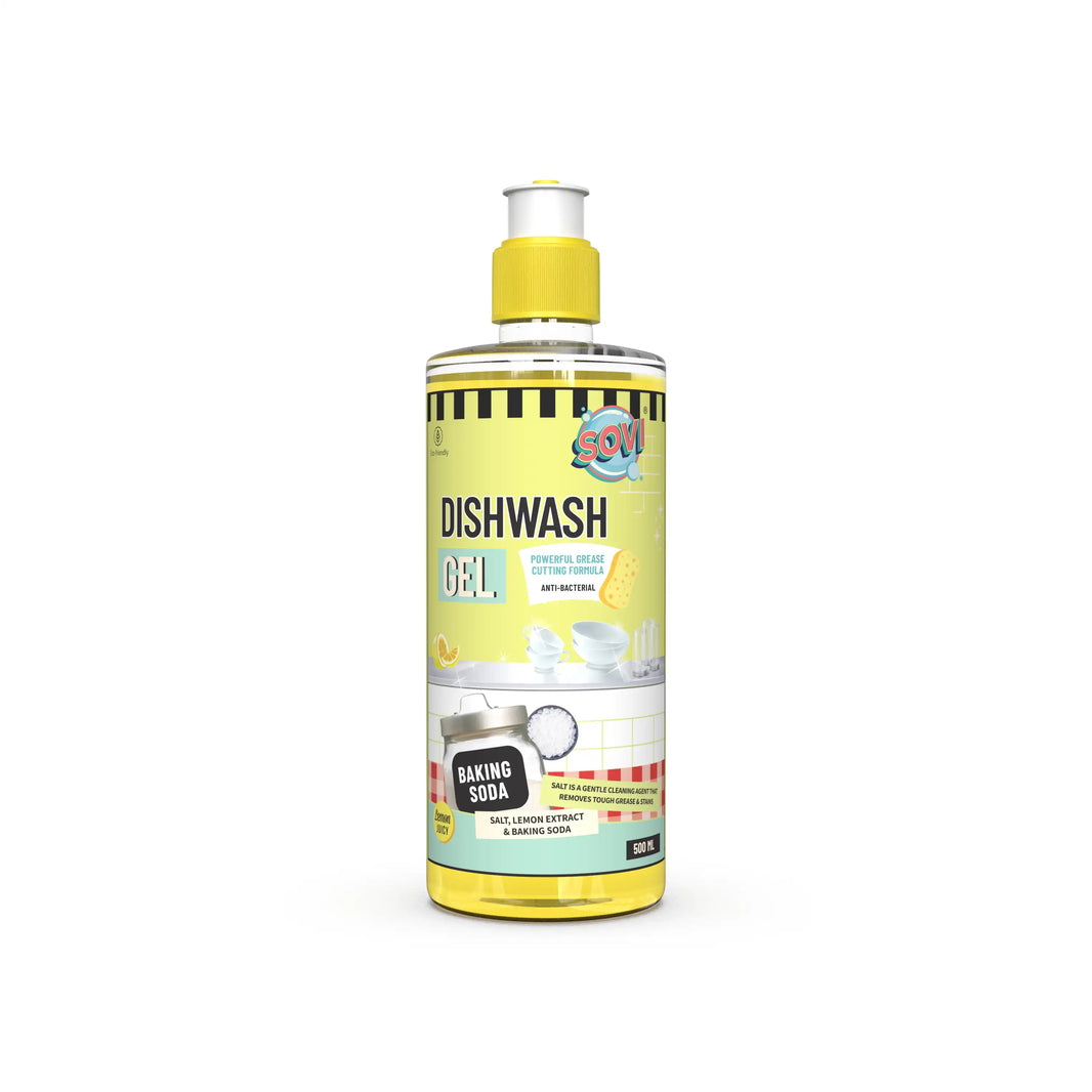 Concentrated Dishwash Gel Powered with Salt, Lemon Extract & Baking Soda, Powerful Grease Cutting Formula, Lemon Juicy 500ml by SOVI