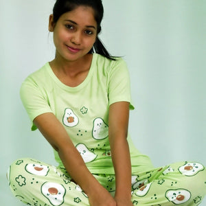 Best Night Wear-Avocado Print T-shirt & Pant Night Dress in Lettuce Green | Playout | earthbased.in | 01 