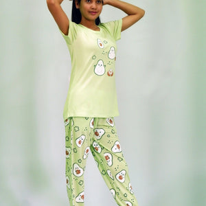 Best Night Wear-Avocado Print T-shirt & Pant Night Dress in Lettuce Green | Playout | earthbased.in | 02