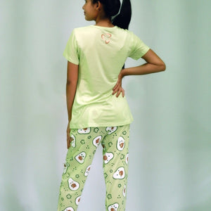 Best Night Wear-Avocado Print T-shirt & Pant Night Dress in Lettuce Green | Playout | earthbased.in | 03