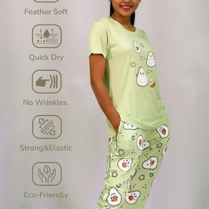 Best Night Wear-Avocado Print T-shirt & Pant Night Dress in Lettuce Green | Playout | earthbased.in | 05