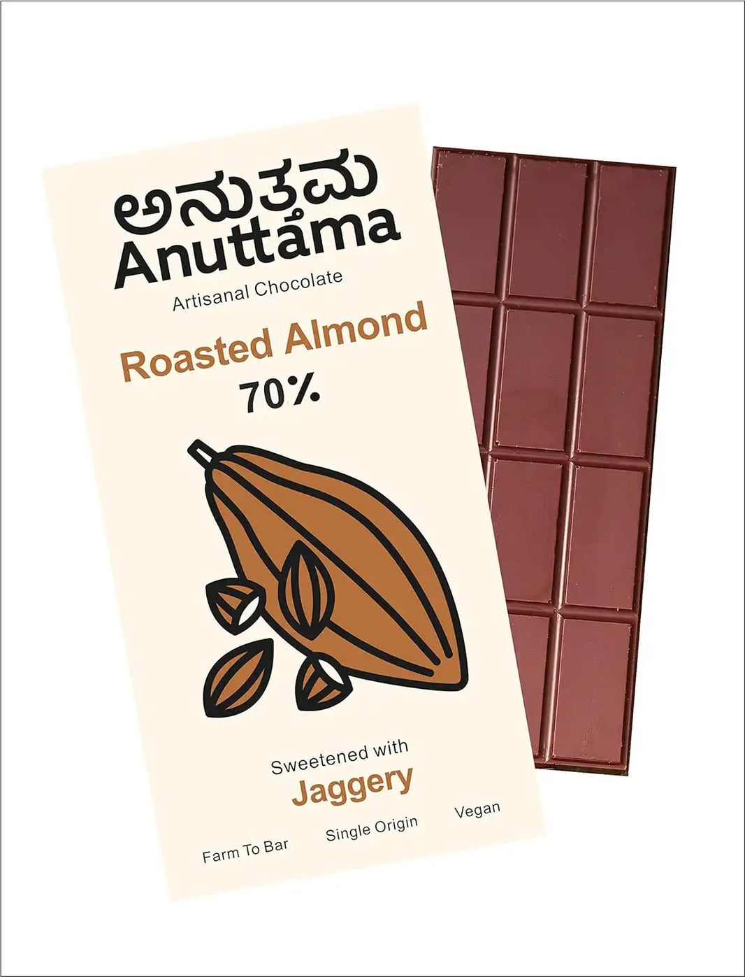 Roasted Almond | 62% Cocoa | Sweetened with Jaggery | Packof 2 by Anuttama