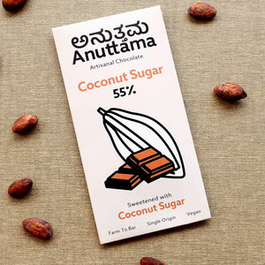 Dark Chocolate Coconut_Sugar 55% Cocoa 50 gm | Sugar Free | Jaggery Sweetened | Gluten Free | Handmade Chocolate | Vegan | Natural Chocolate Bar | Packof 2 by Anuttama | earthbased.in | 02