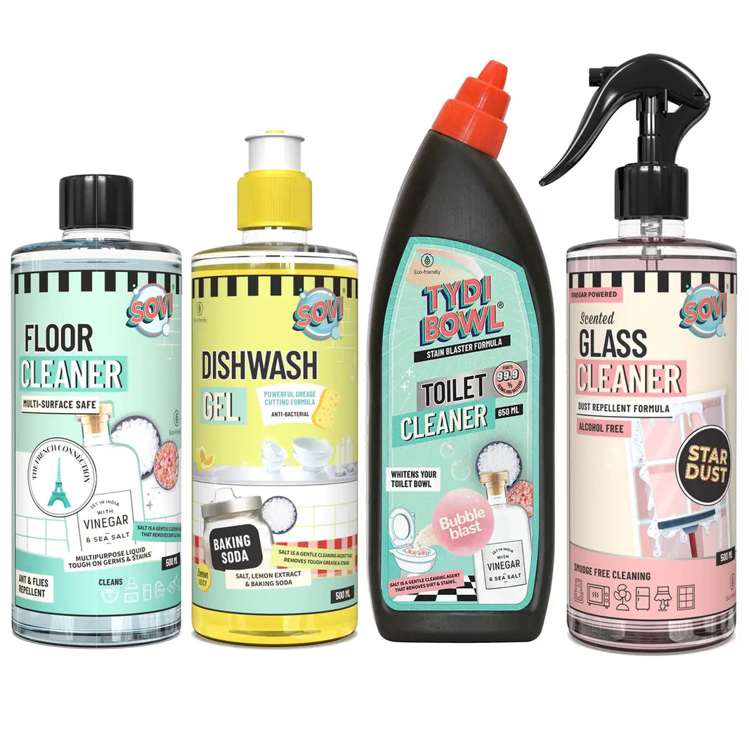 BESTSELLER CLEANING KIT - SOVI® FLOOR CLEANER, SOVI® DISHWASH LIQUID, SOVI® GLASS CLEANER, TYDIBOWL® TOILET CLEANER, PACK OF 4