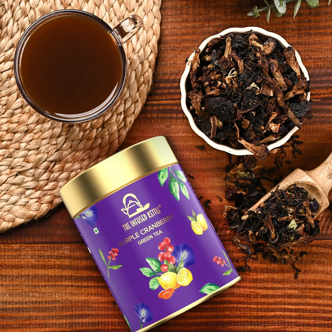 The Infused Kettle Premium Purple Cranberry Green Tea, Loose Herbal Tea Leaves Blended with Lime & Blue Pea Flower, Boosts Metabolism, Low Caffeine Chai