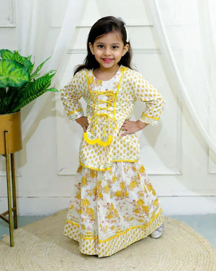 Kid’s Girls Pure Cotton Jaipur Block Printed Indian Ethnic Festive Party Wear Suit Sets | PEPLUM YELLOW