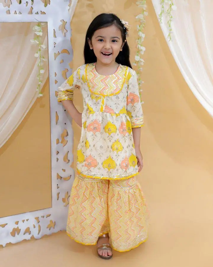 Kid’s Girls Pure Cotton Jaipur Block Printed Indian Ethnic Festive Party Wear Suit Sets | YELLOW