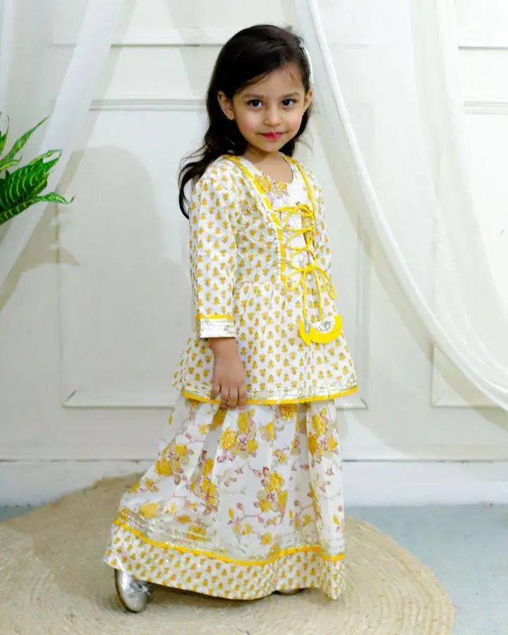 Kid’s Girls Pure Cotton Jaipur Block Printed Indian Ethnic Festive Party Wear Suit Sets | PEPLUM YELLOW