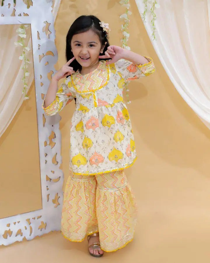 Kid’s Girls Pure Cotton Jaipur Block Printed Indian Ethnic Festive Party Wear Suit Sets | YELLOW