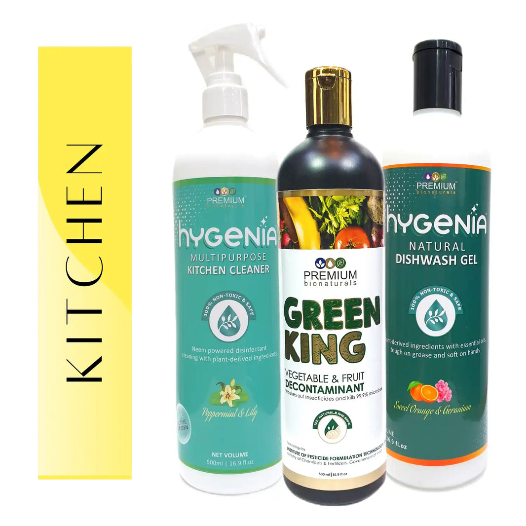 Hygenia Ultimate Kitchen Combo - Multipurpose Kitchen Cleaner, Natural Dishwash Gel & Green King 500ml - Peppermint & Lily | Sweet Orange & Geranium