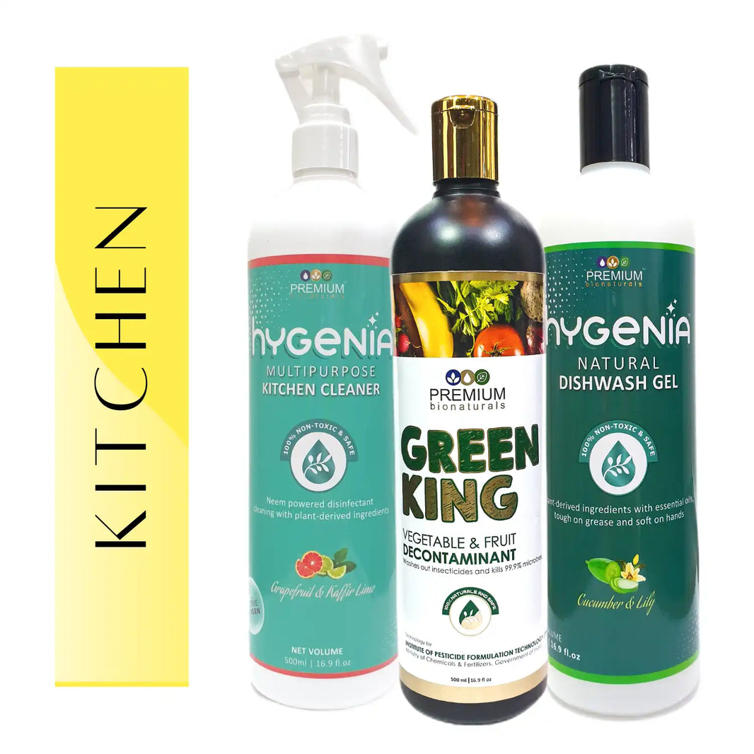 Hygenia Ultimate Kitchen Combo - Multipurpose Kitchen Cleaner, Natural Dishwash Gel & Green King 500ml - Grapefruit & Kaffir Lime | Cucumber & Lily