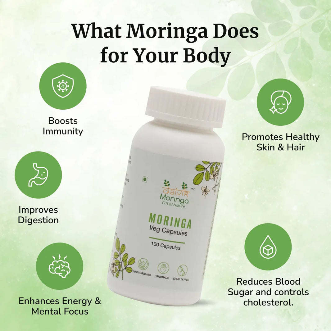Daivik Moringa Veg Capsules | 100% Natural | Immunity Booster, Anti Aging, Anti Oxidant | 100 Caps Each