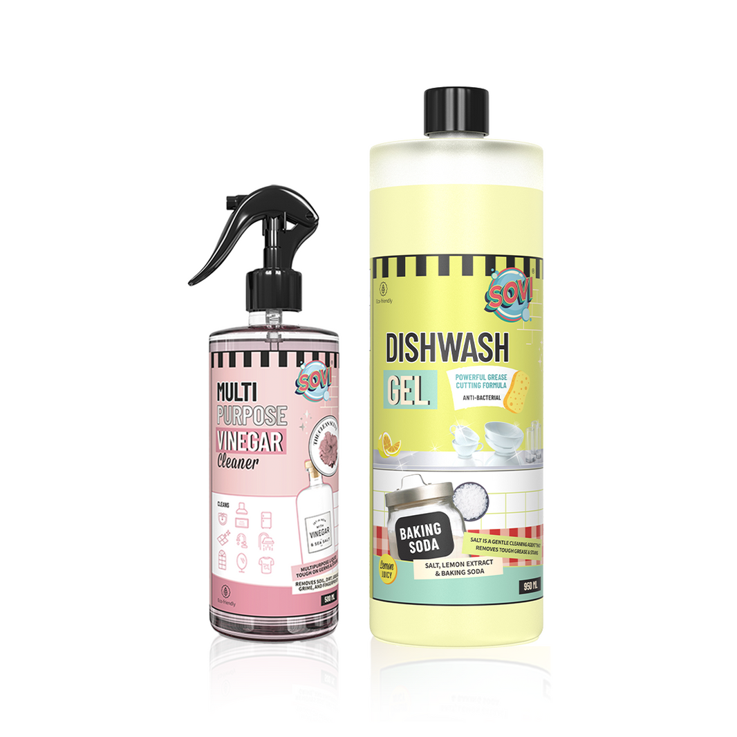 Kitchen Cleaning Combo - SOVI® MULTI PURPOSE VINEGAR CLEANER 500 ml, SOVI® DISHWASH LIQUID GEL 950 ml, Pack of 2