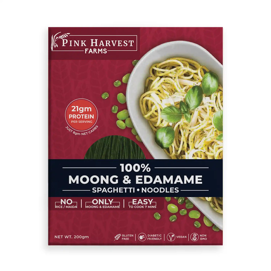 Moong & Edamame Spaghetti Noodles by Pink Harvest.