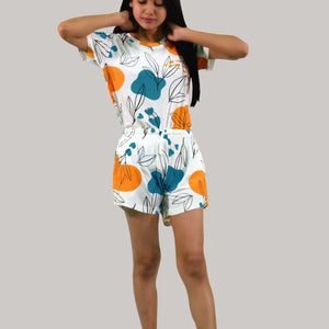 NightWear-Leaves & Cloud T-shirt & Shorts Set in Tofu | Playout | earthbased.in 