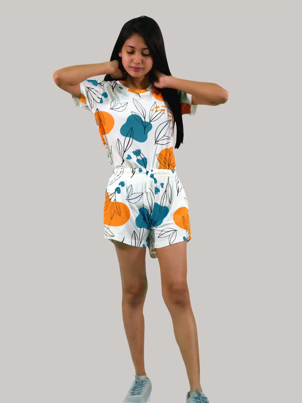 NightWear-Leaves & Cloud T-shirt & Shorts Set in Tofu | Playout | earthbased.in 