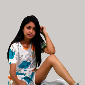 NightWear-Leaves & Cloud T-shirt & Shorts Set in Tofu | Playout | earthbased.in 