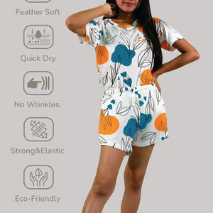 NightWear-Leaves & Cloud T-shirt & Shorts Set in Tofu | Playout | earthbased.in 