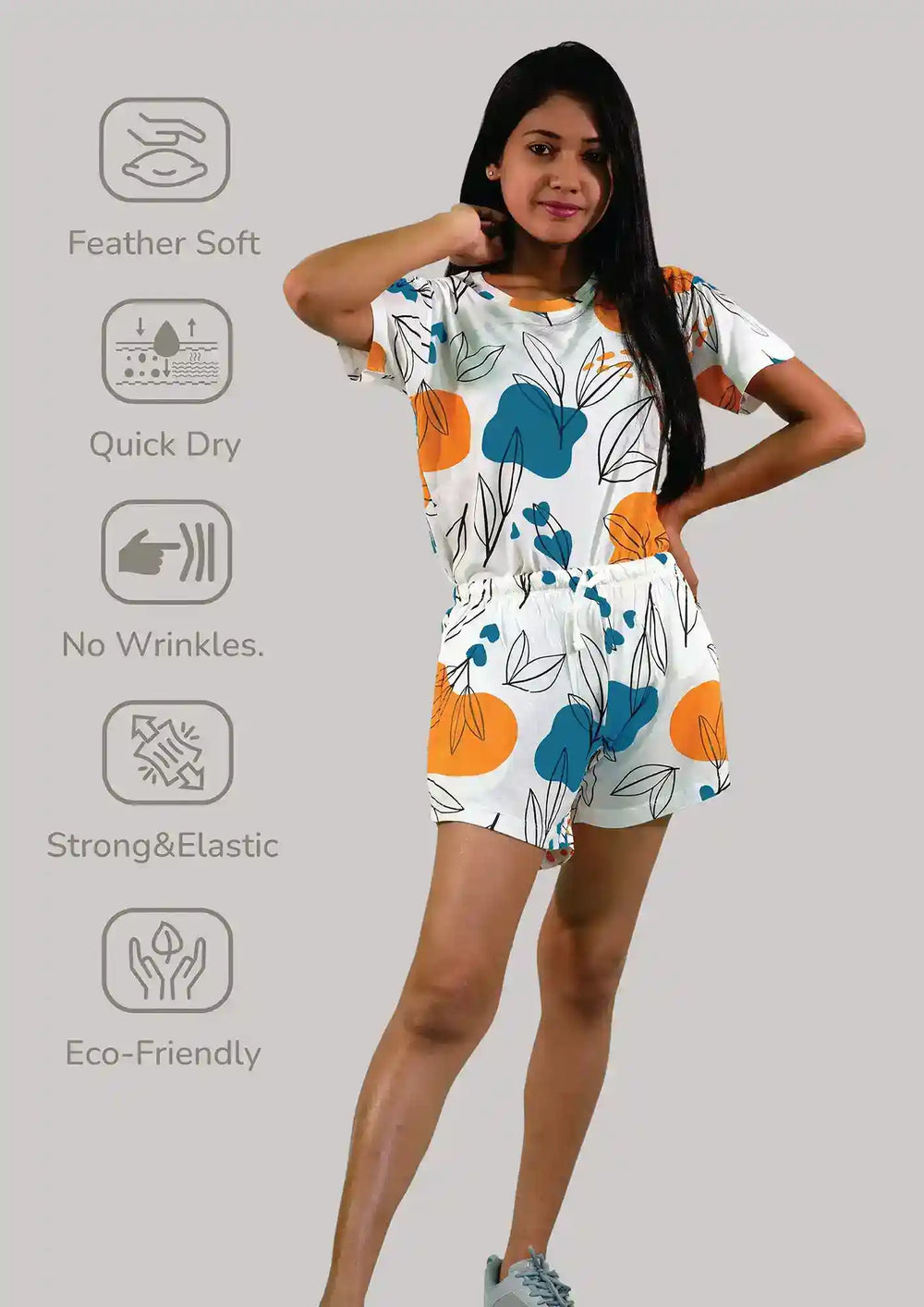 NightWear-Leaves & Cloud T-shirt & Shorts Set in Tofu | Playout | earthbased.in 