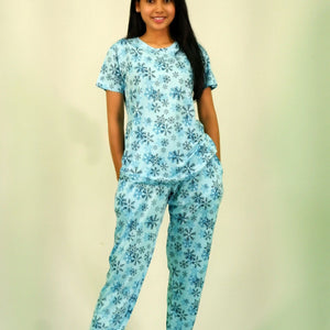 NightWear-Snowflake Print T-shirt & Pant Night Dress in Air Blue | Playout | earthbased.in | 02