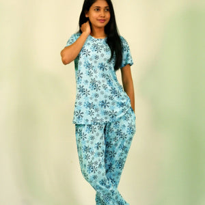NightWear-Snowflake Print T-shirt & Pant Night Dress in Air Blue | Playout | earthbased.in | 04