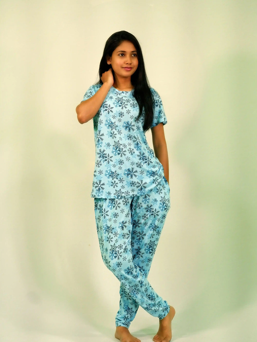 NightWear-Snowflake Print T-shirt & Pant Night Dress in Air Blue | Playout | earthbased.in | 04