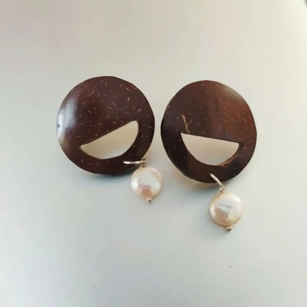 Pearl & Round Coconut Shell Earrings (SIlver Hook)