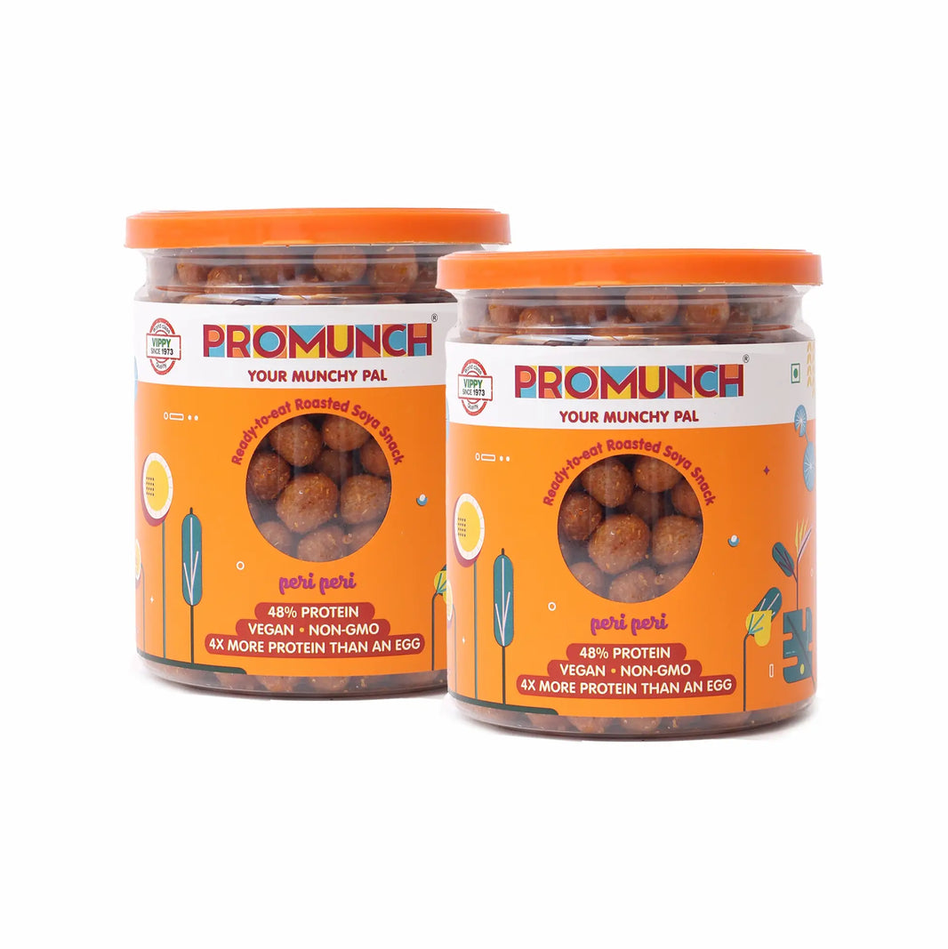 PROMUNCH Roasted Soya Snack | Vegan |Gluten-Free | Pack of 2 Flavour: Peri Peri 150 g Each