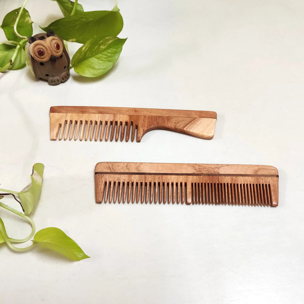 Green Foot Print Neem Wood Combs-Handle and Dual teeth (pack of 2)