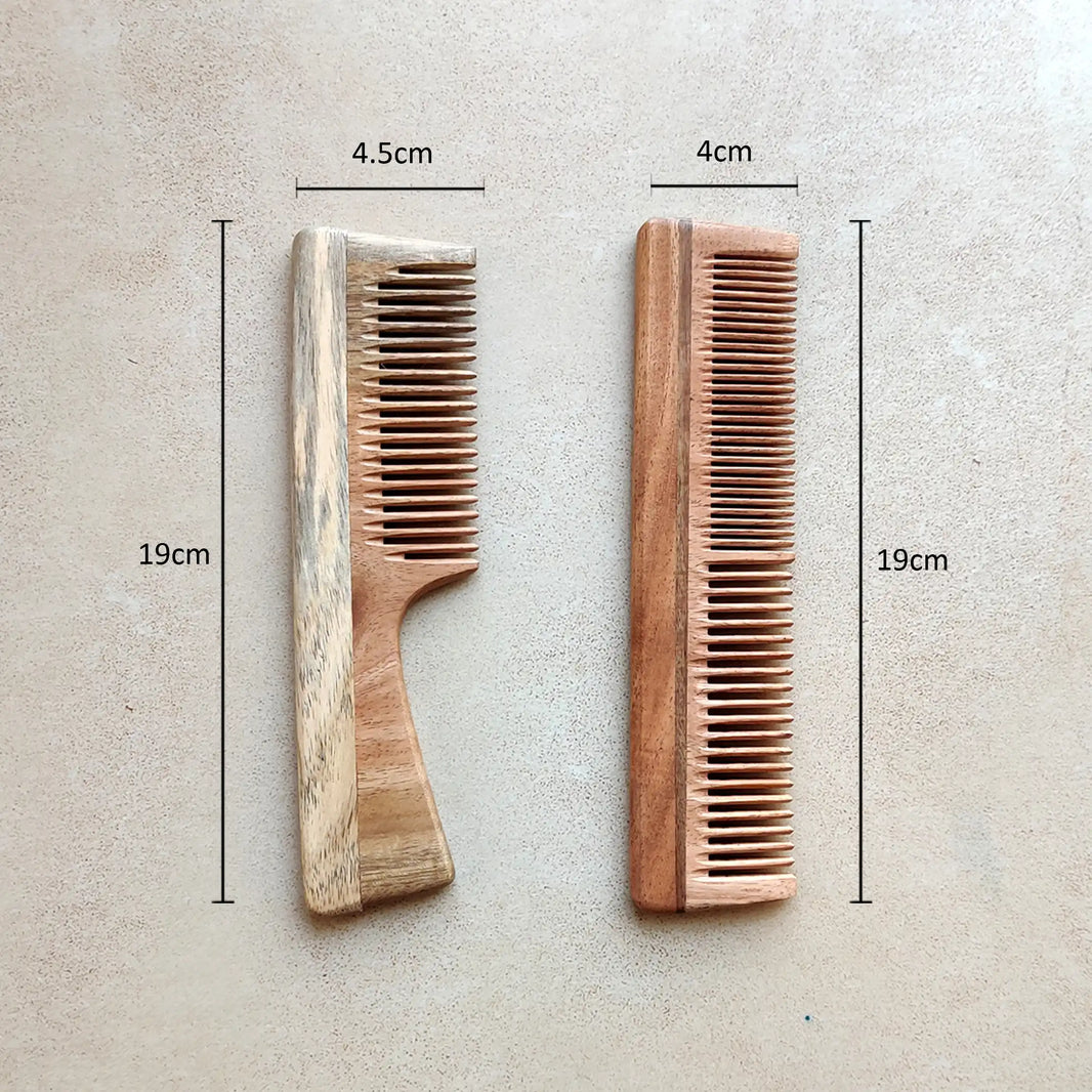 Green Foot Print Neem Wood Combs-Handle and Dual teeth (pack of 2)