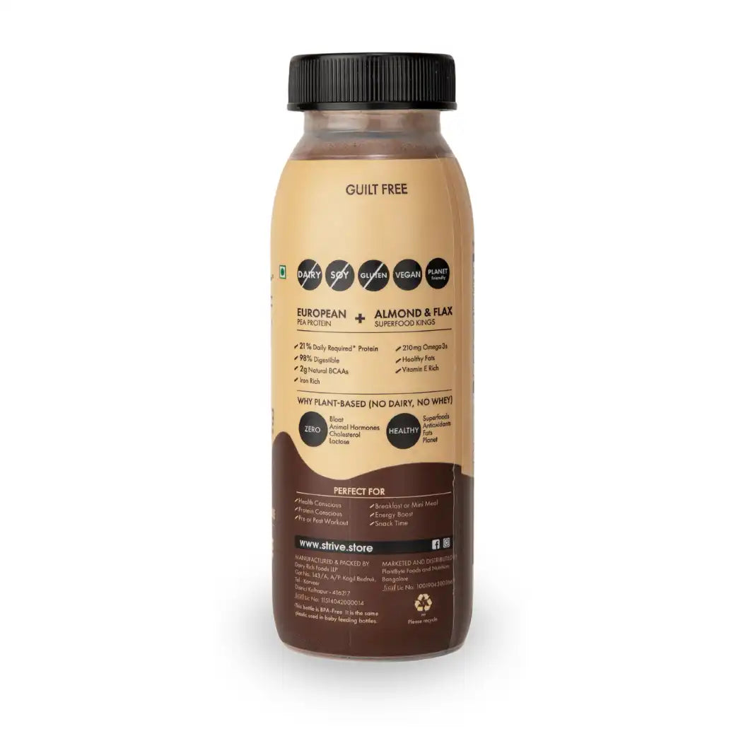 STRIVE Vegan Protein Shake With 12.6G Plant Protein And 25% Calcium,Naturally Sweetened,Low Calorie Drink,Gluten & Trans Fat Free,Gut Friendly,Source Of Fiber (Chocolate Almond)