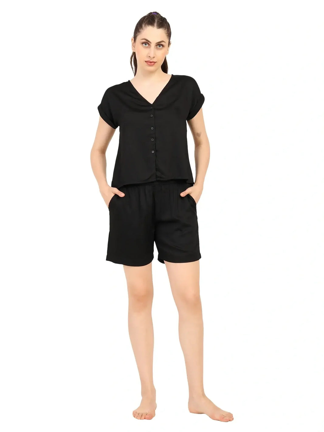 Women’s Modal Satin Night Suit – 2PC Soft Shirt & Shorts Sleepwear